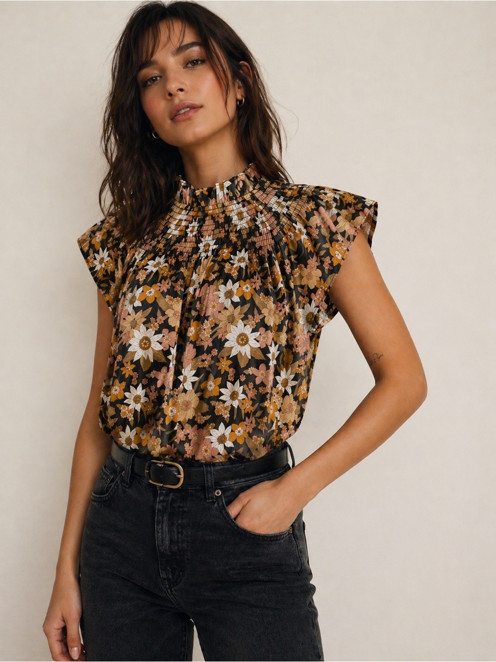 Moodie Smocked High-Neck Blouse in Floral Black Pattern, SZ L NWOT - Picture 1 of 11